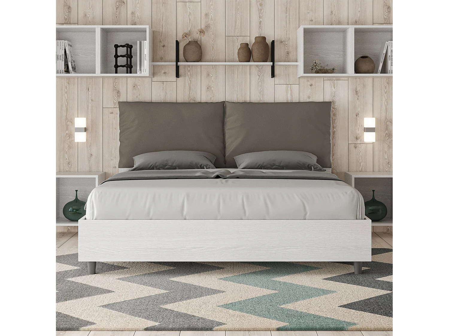 Lit queen size avec sommier 160x200 frêne blanc coussins similicuir cappuccino Egos Antea