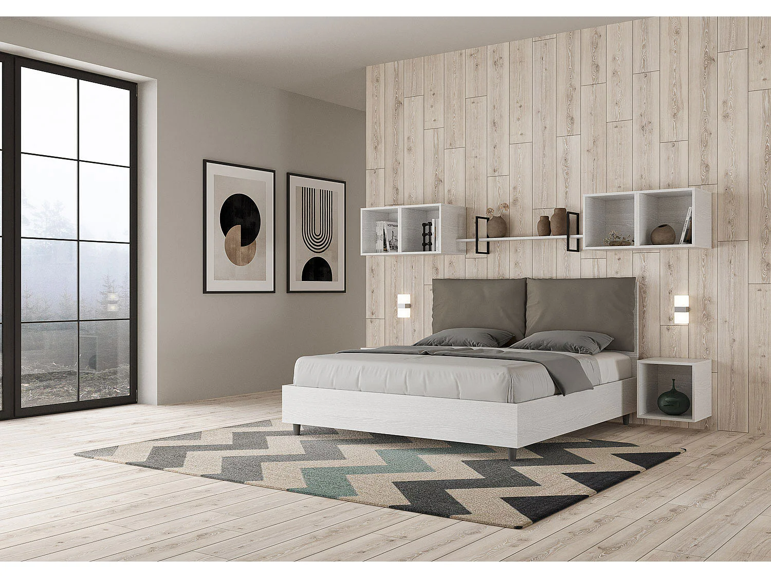 Lit queen size avec sommier 160x200 frêne blanc coussins similicuir cappuccino Egos Antea