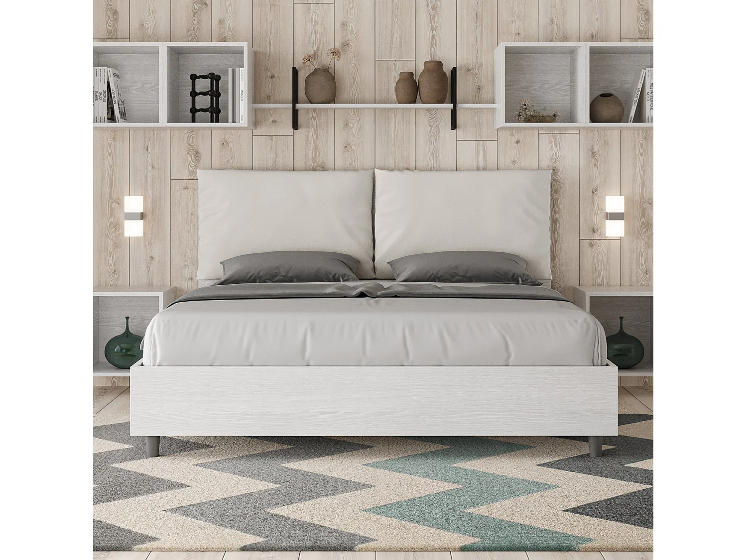 Lit queen size sans sommier 160x200 frêne blanc coussins similicuir blanc Egos Antea