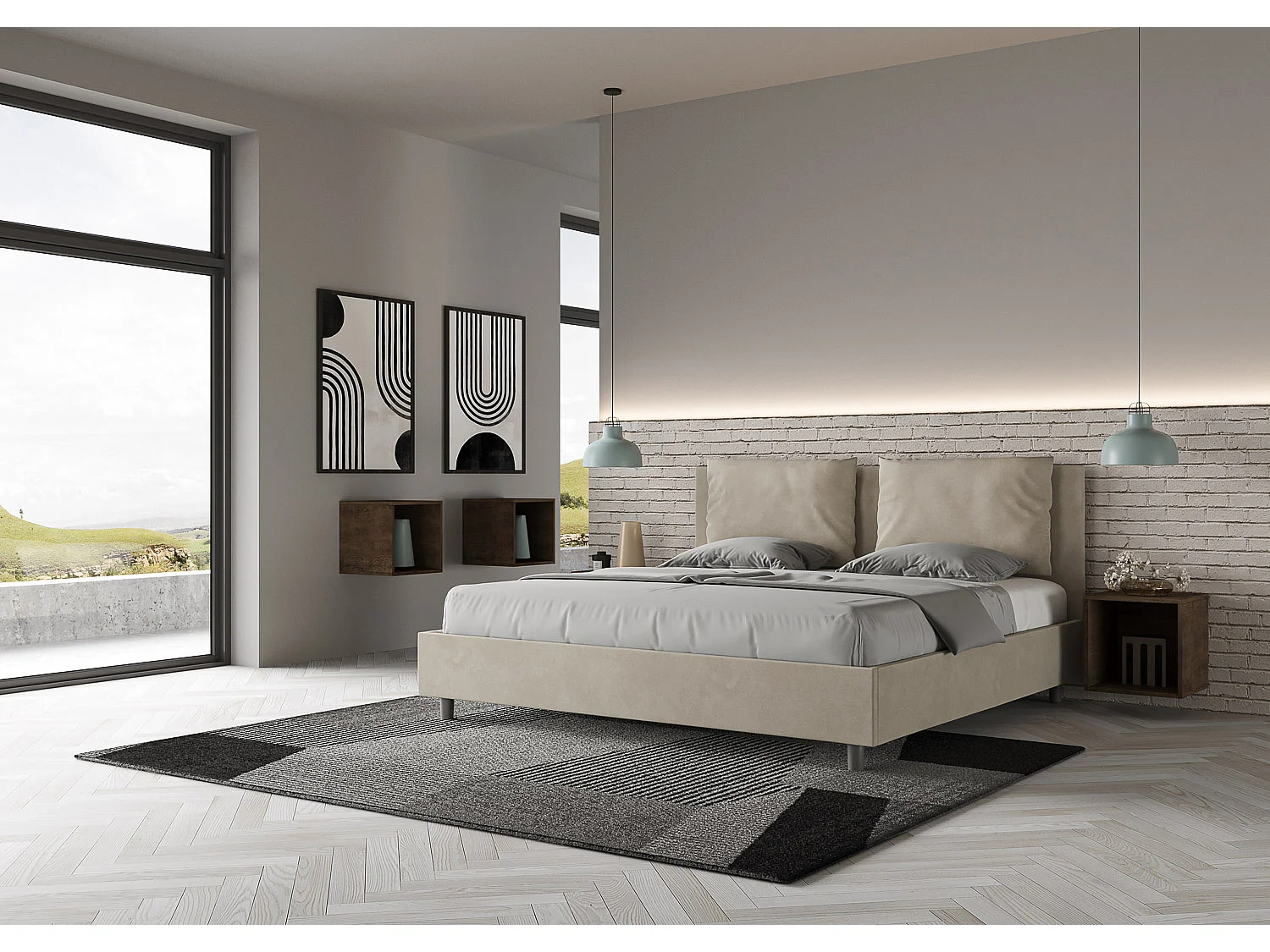 Lit avec sommier rembourré 180x190 microfibre sable Antea