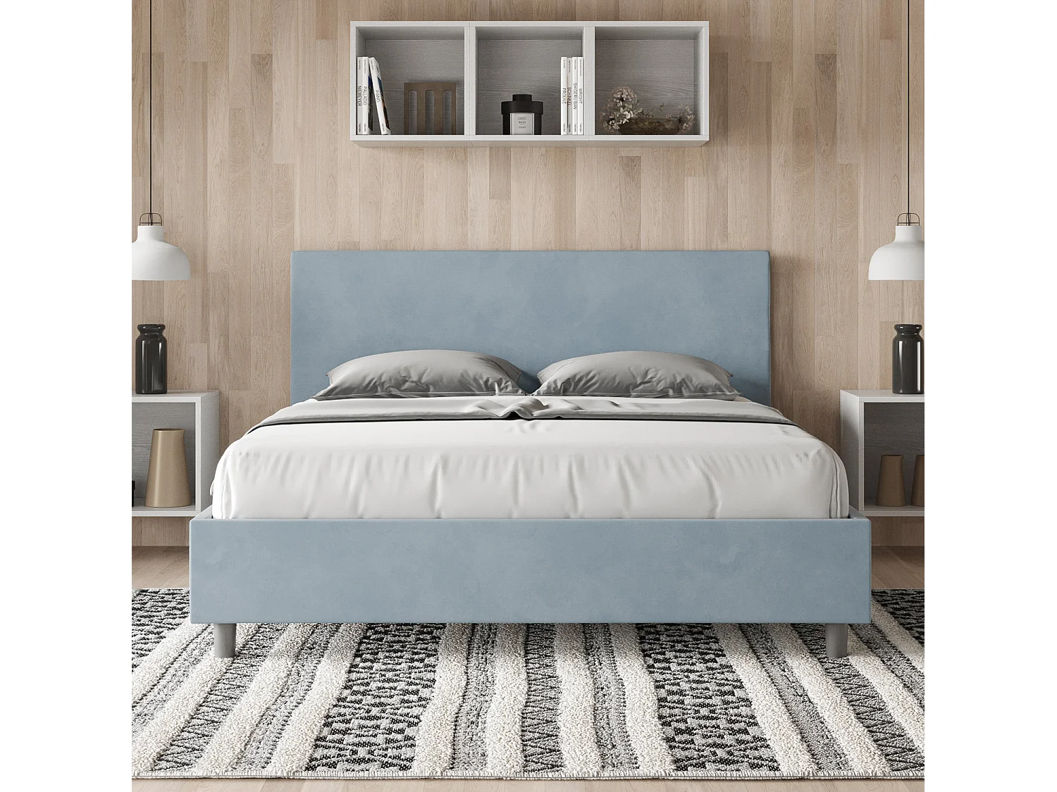 Lit avec sommier rembourré 160x190 microfibre bleu clair Adele