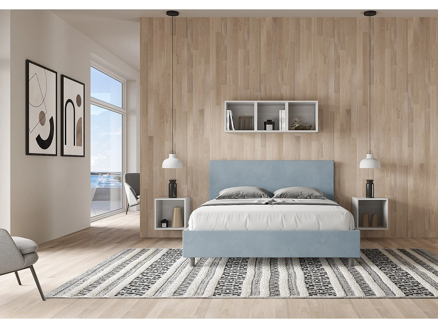 Lit avec sommier rembourré 160x190 microfibre bleu clair Adele