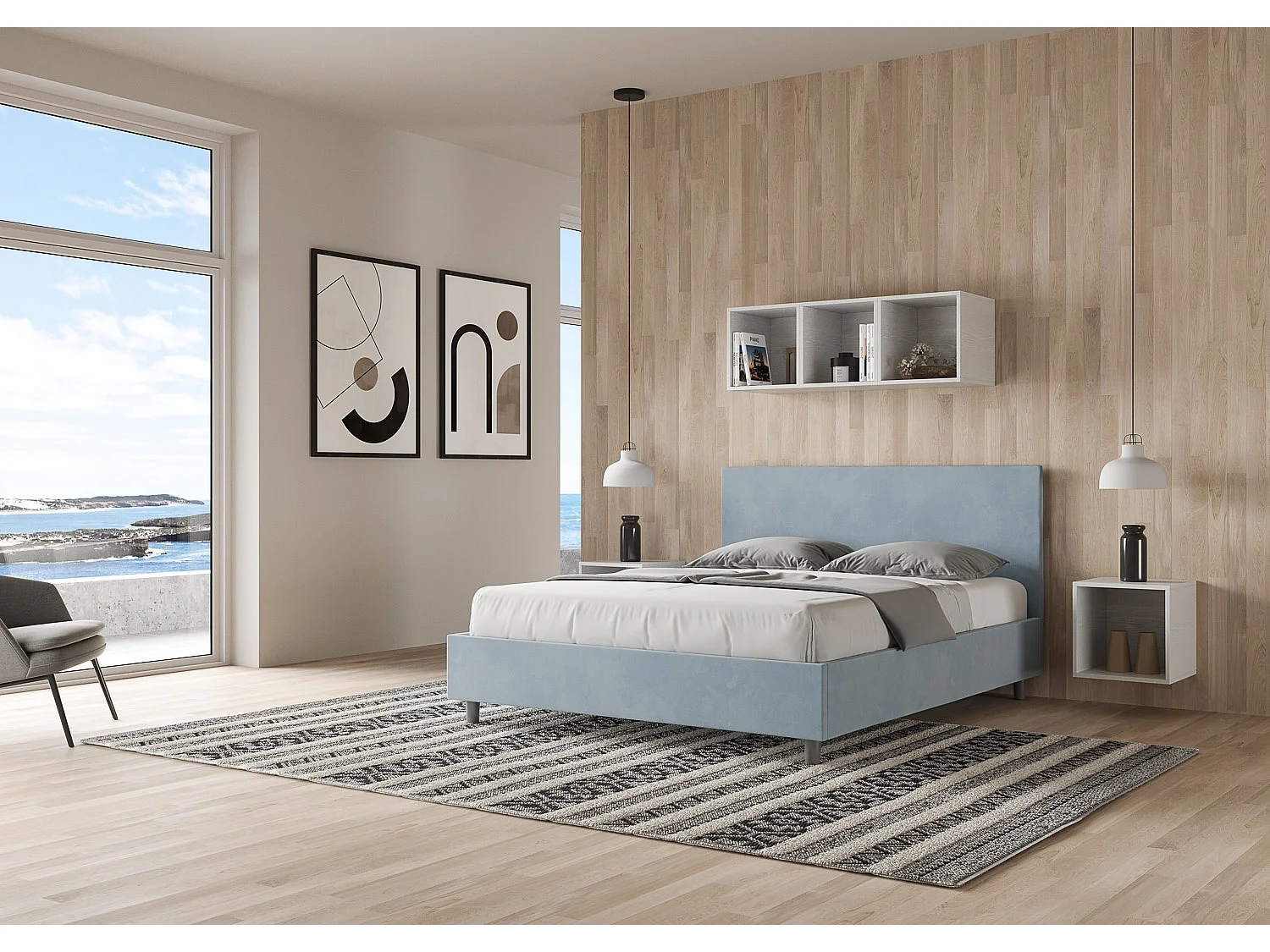 Lit avec sommier rembourré 160x190 microfibre bleu clair Adele