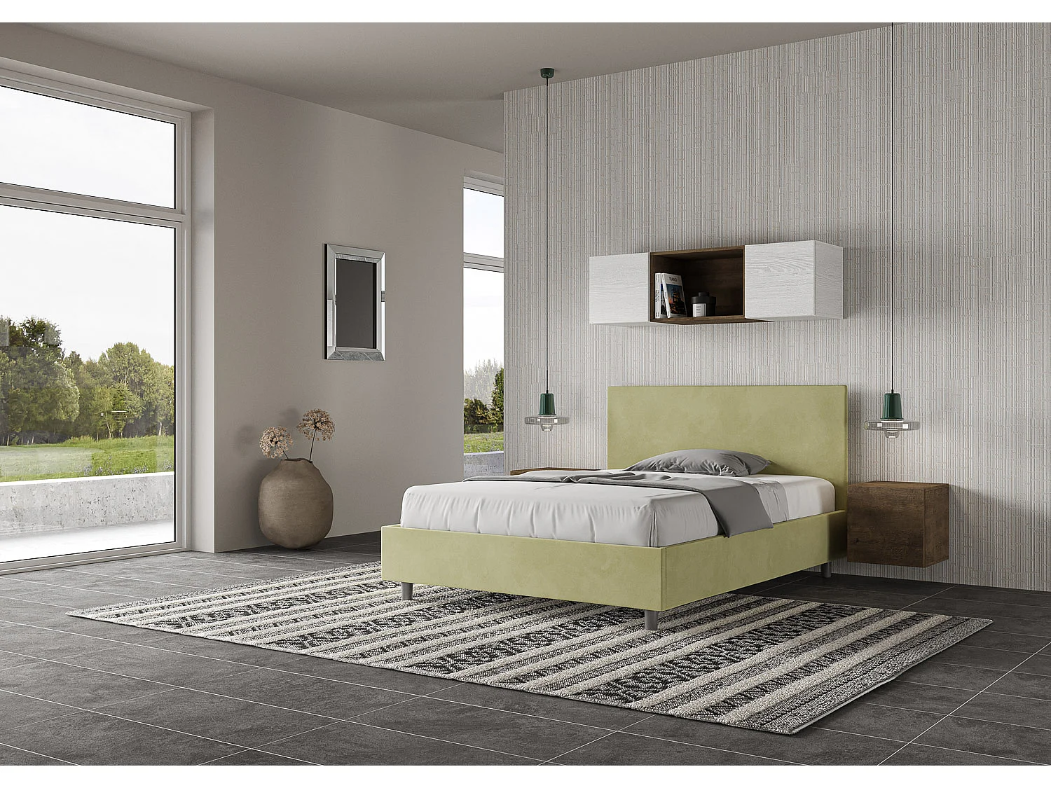 Lit double sans sommier rembourré 140x190 microfibre vert Adele