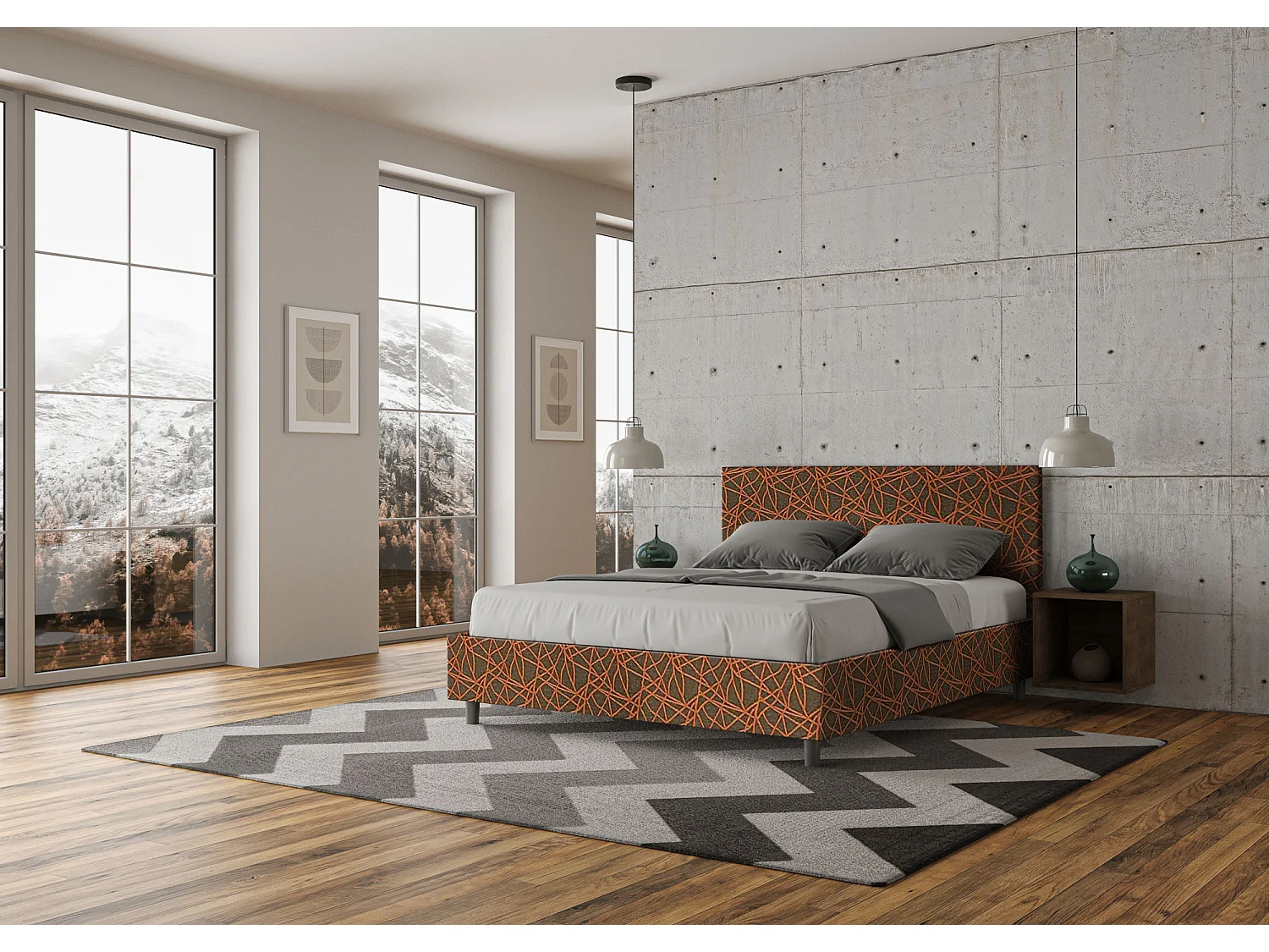 Cama tapizada sin somier 160x210 en tela Era 04 naranja Adele