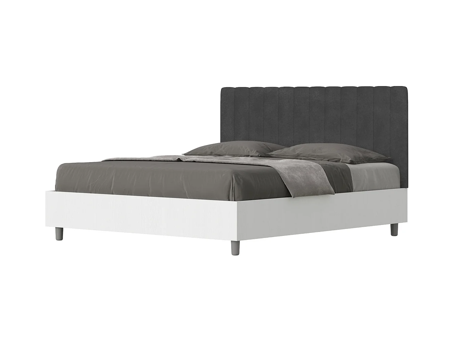 Bed met 160x200 basis, witte essenhouten structuur, Kaia grijs melamine/microvezel hoofdbord