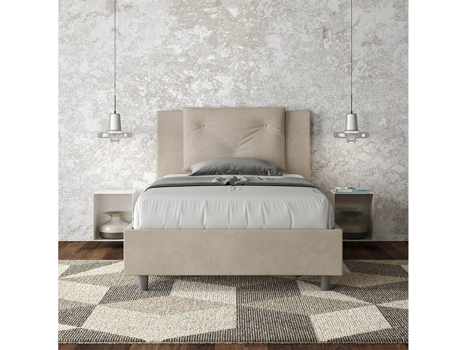 Letto una piazza e mezza con rete imbottito 120x210 microfibra sabbia Appia