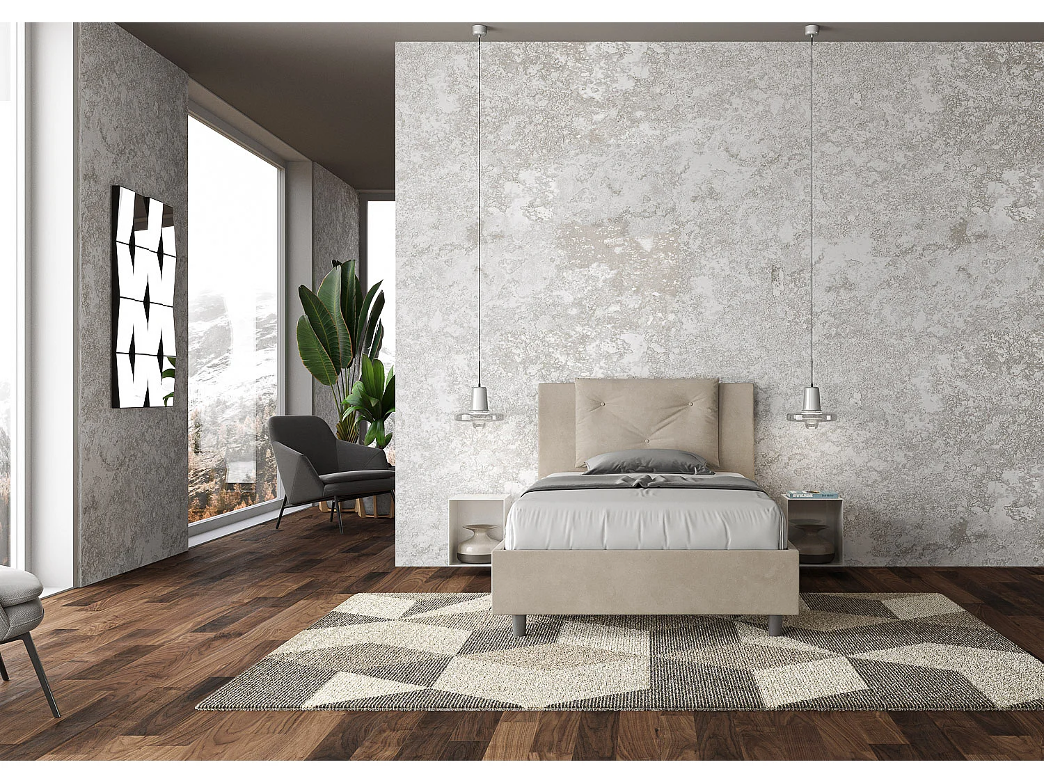 Letto una piazza e mezza con rete imbottito 120x210 microfibra sabbia Appia