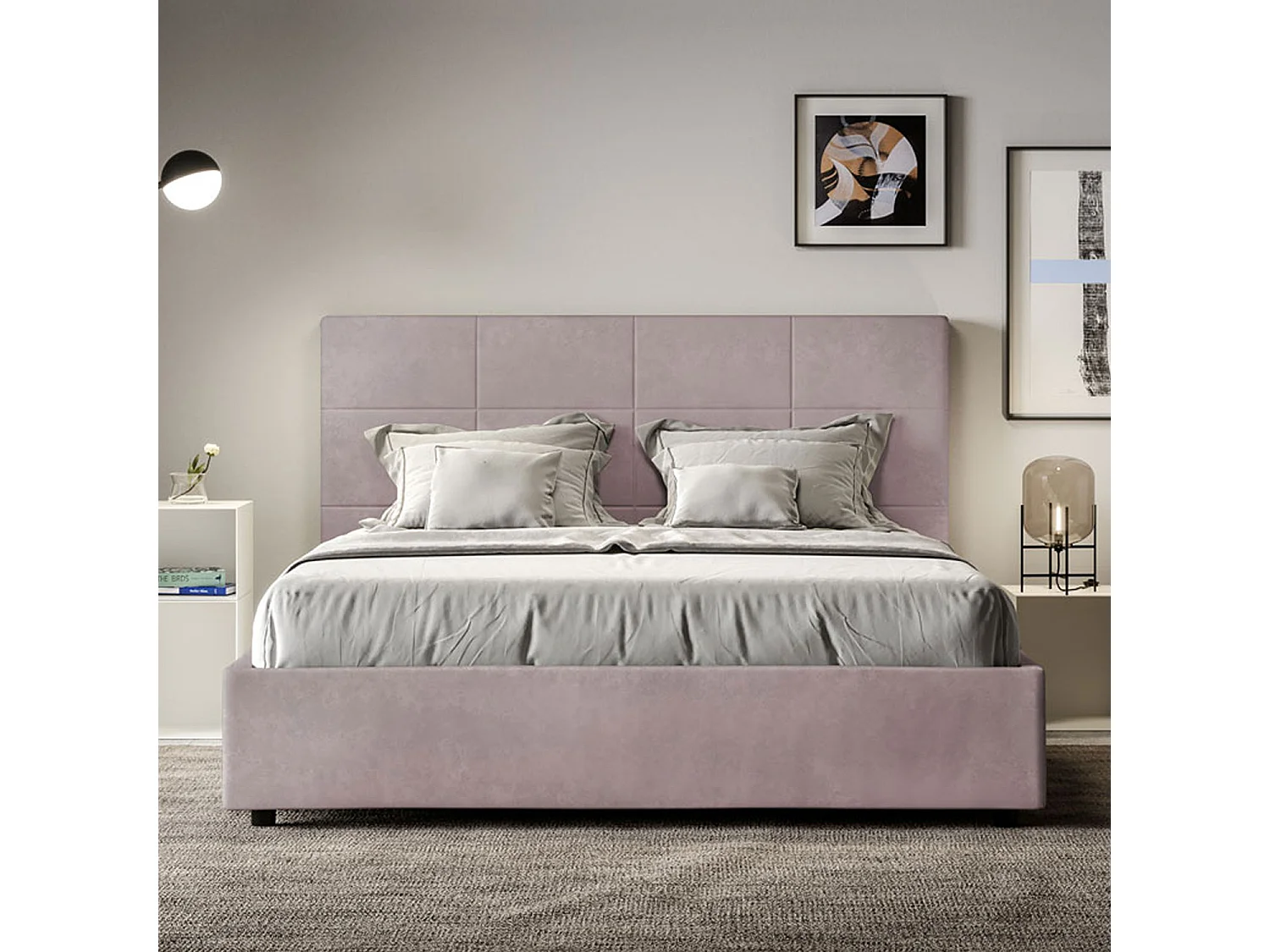 Lit double sans sommier rembourré 140x200 microfibre lilas Mika