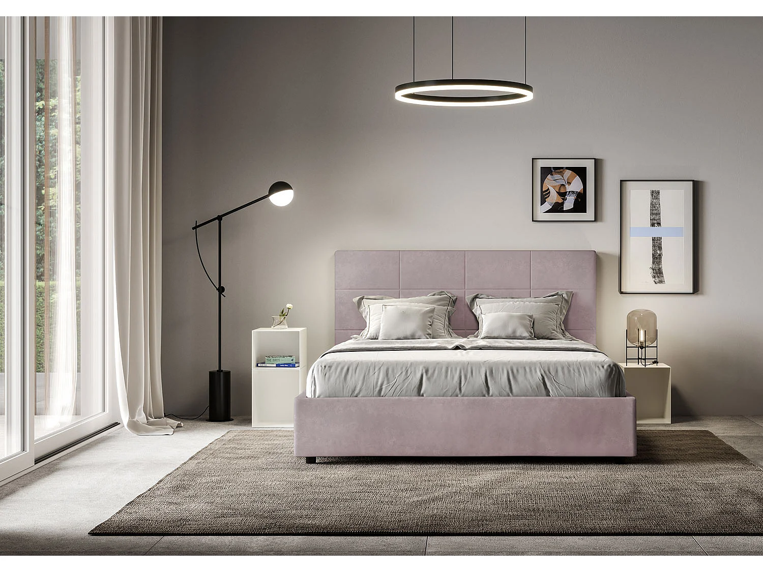 Lit double sans sommier rembourré 140x200 microfibre lilas Mika