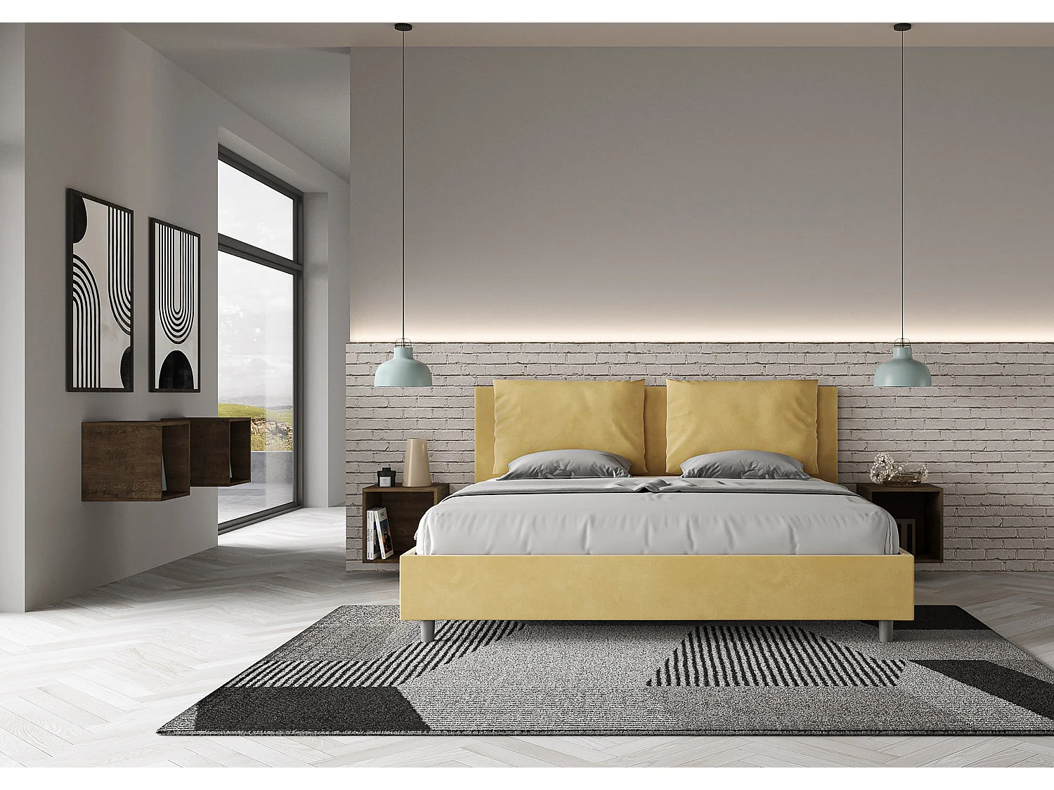 Letto senza rete imbottito 180x200 microfibra ocra Antea