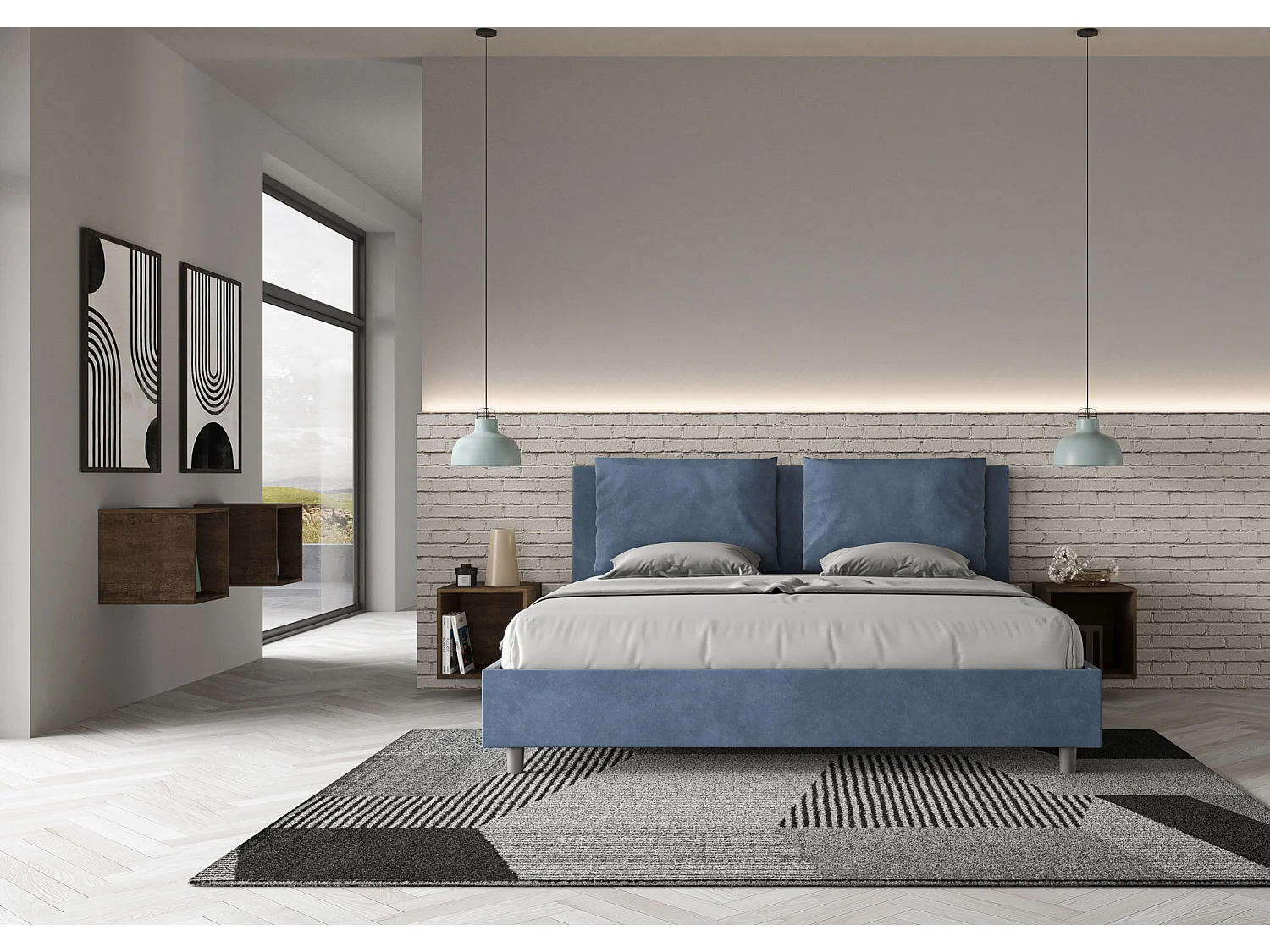 Letto senza rete imbottito 180x200 microfibra blu Antea