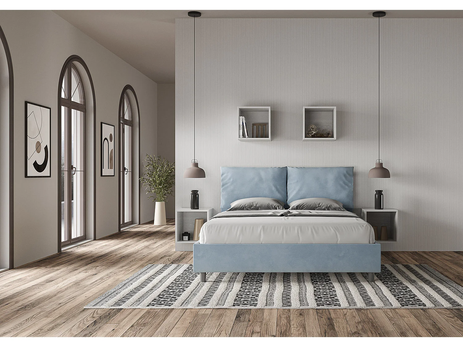 Lit sans sommier rembourré 160x200 microfibre bleu clair Antea