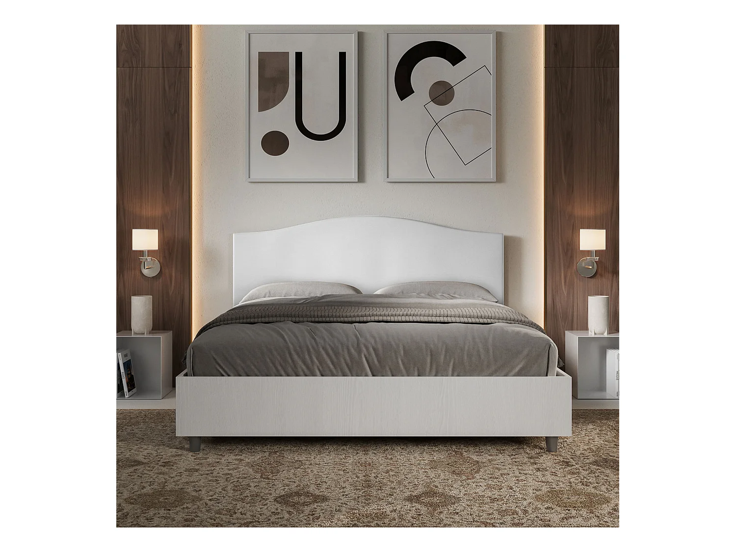 Letto con rete 160x200 struttura bianco frassino testata Nobilitato/Similpelle bianco Grace