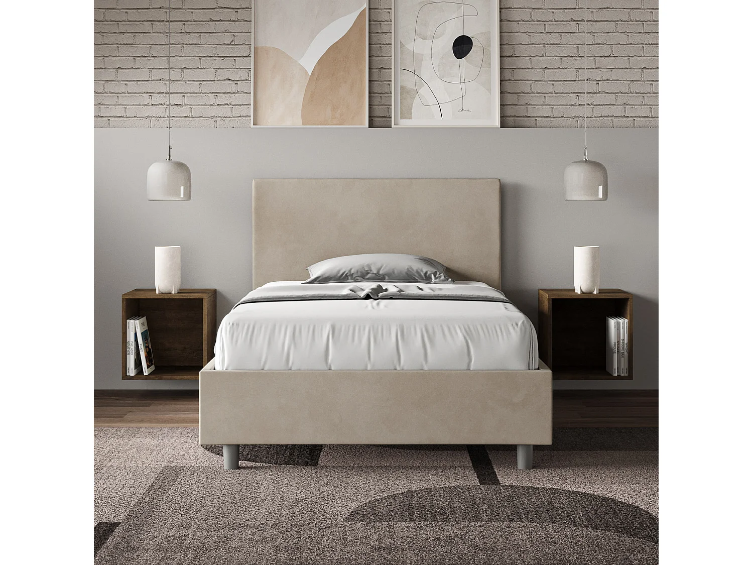 Letto una piazza e mezza con rete imbottito 120x190 microfibra sabbia Adele