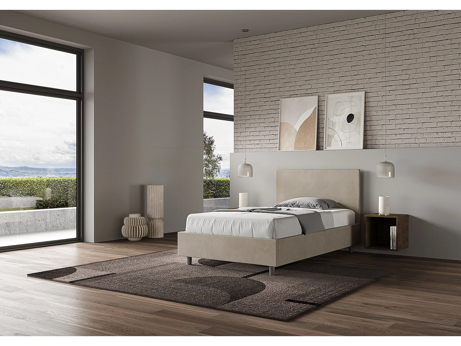 Letto una piazza e mezza con rete imbottito 120x190 microfibra sabbia Adele