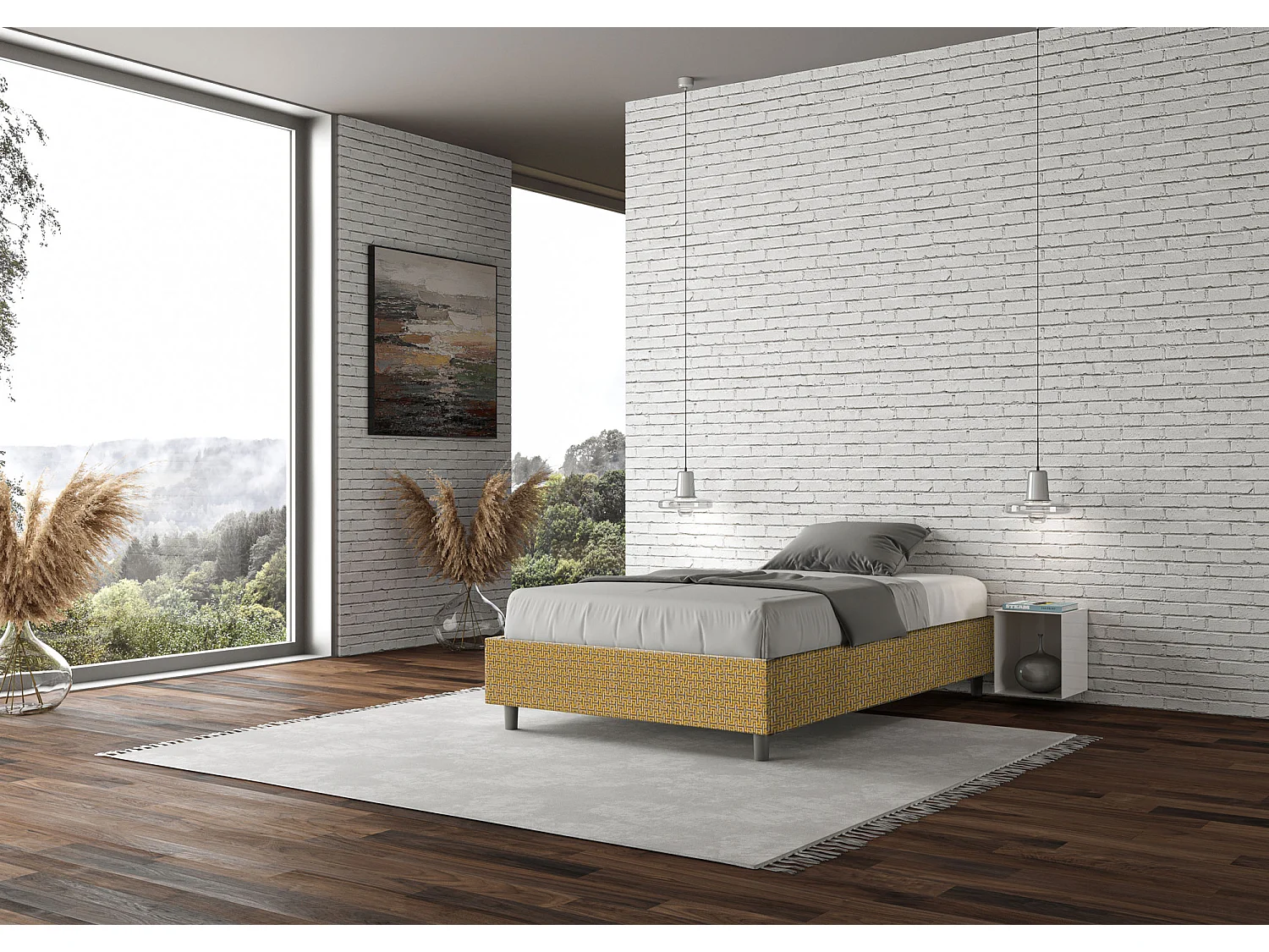 Cama de una plaza y medio con somier acolchada sin cabecero 120x200 tejido Labirinto 6 amarillo Azelia