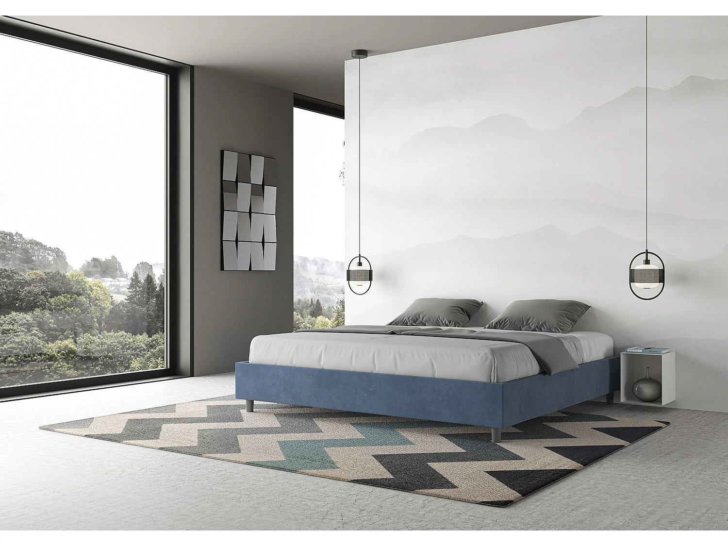 Letto con rete imbottito 180x210 microfibra blu Azelia