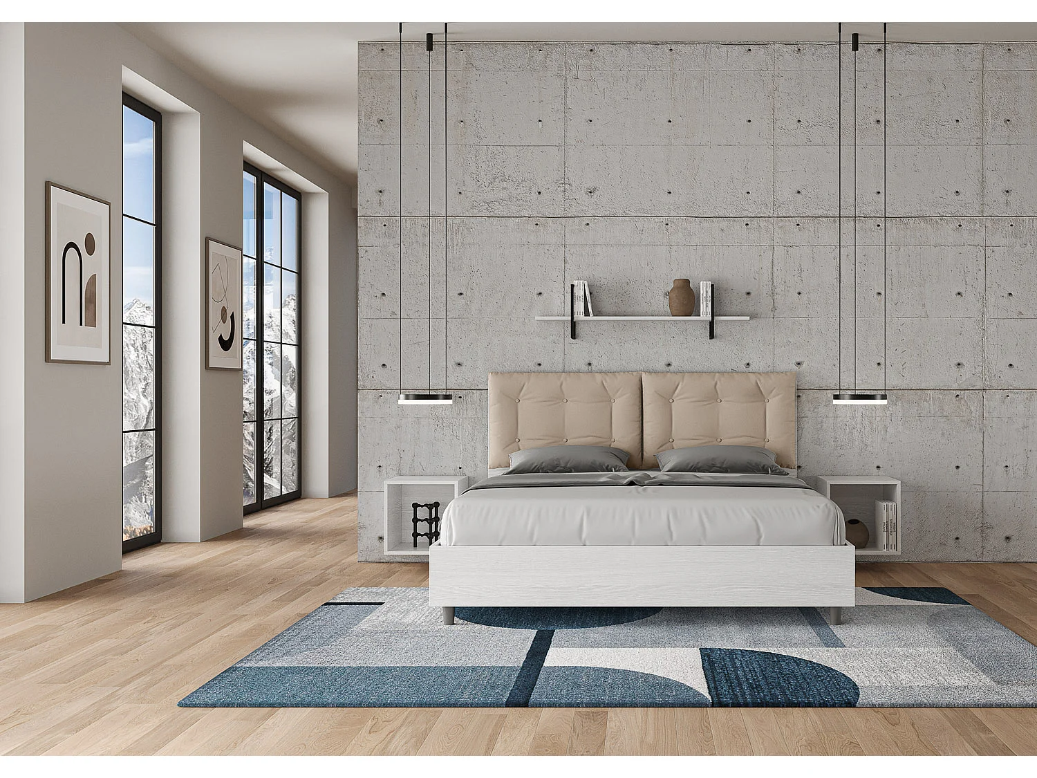 Lit queen size avec sommier 160x200 frêne blanc coussins similicuir taupe Egos Annalisa