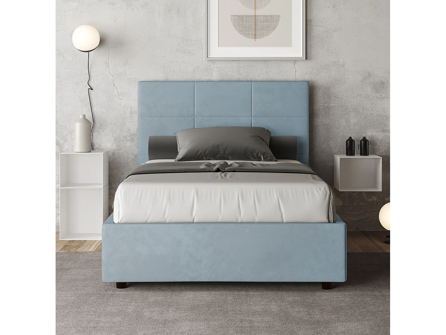 Cama de una plaza y medio con somier acolchada 120x200 microfibra azul claro Mika