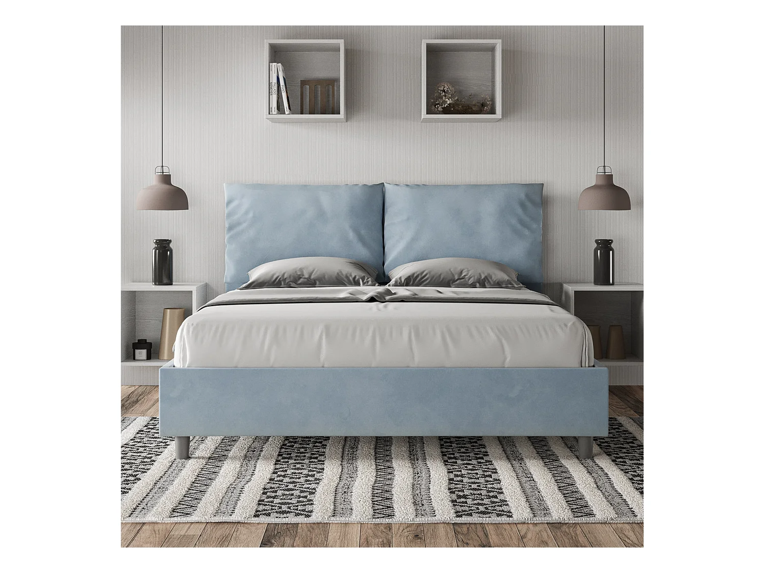 Letto con rete imbottito 160x210 microfibra azzurro Antea