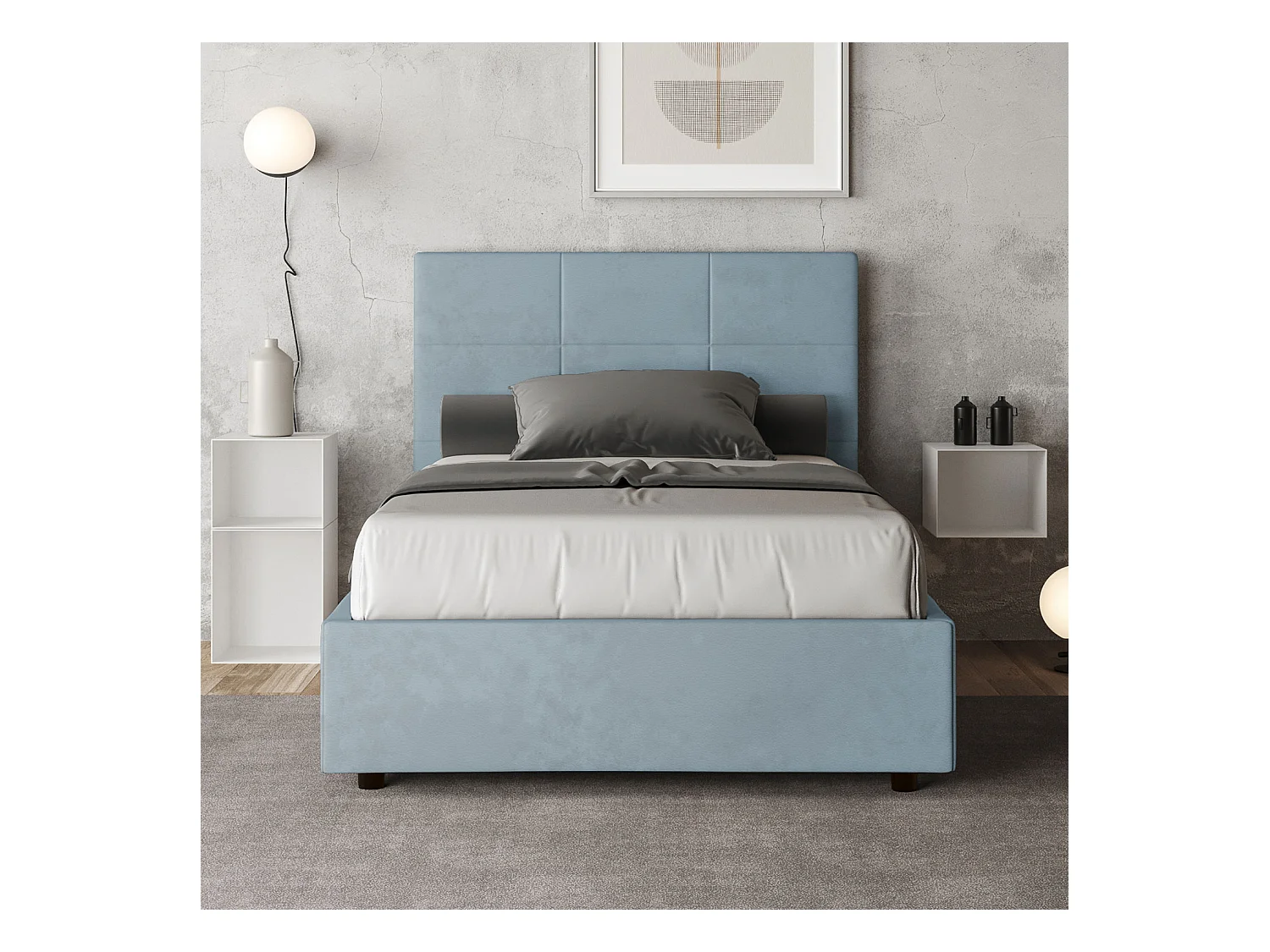 Lit 1 place et demi avec sommier rembourré 120x190 microfibre bleu clair Mika
