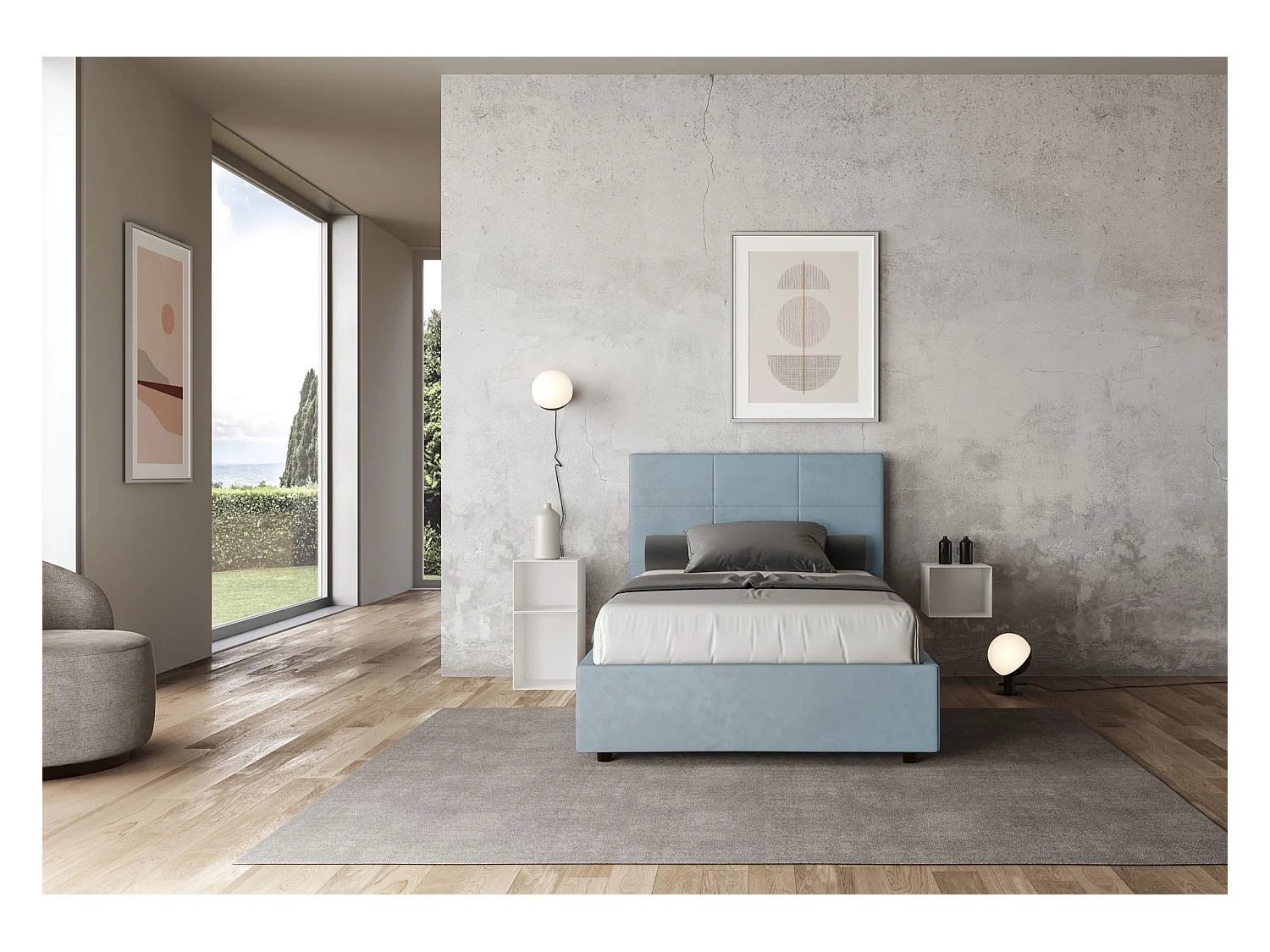Lit 1 place et demi avec sommier rembourré 120x190 microfibre bleu clair Mika