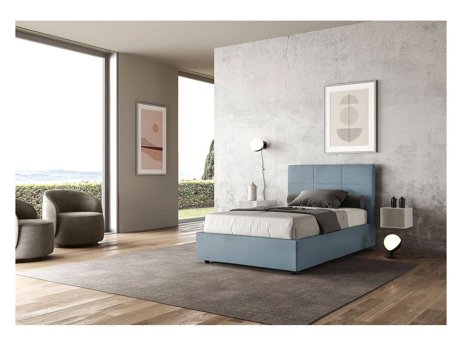 Lit 1 place et demi avec sommier rembourré 120x190 microfibre bleu clair Mika
