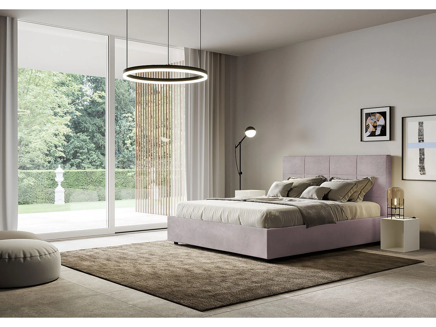 Lit double sans sommier rembourré 140x210 microfibre lilas Mika