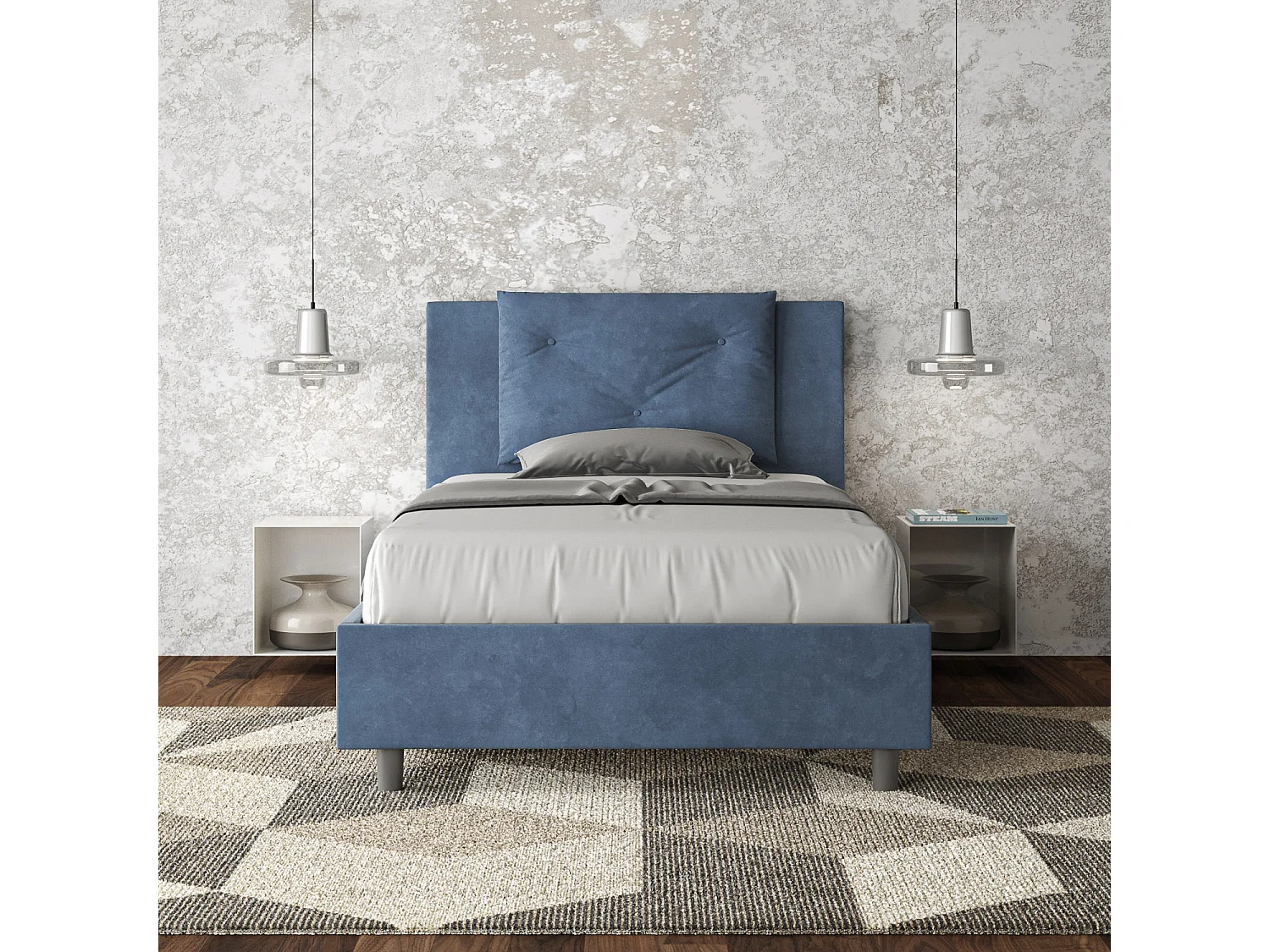 Cama de una plaza y medio con somier acolchada 120x200 microfibra azul Appia