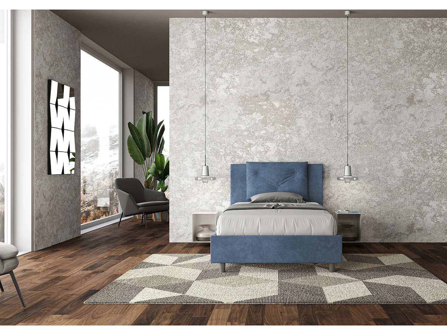 Cama de una plaza y medio con somier acolchada 120x200 microfibra azul Appia