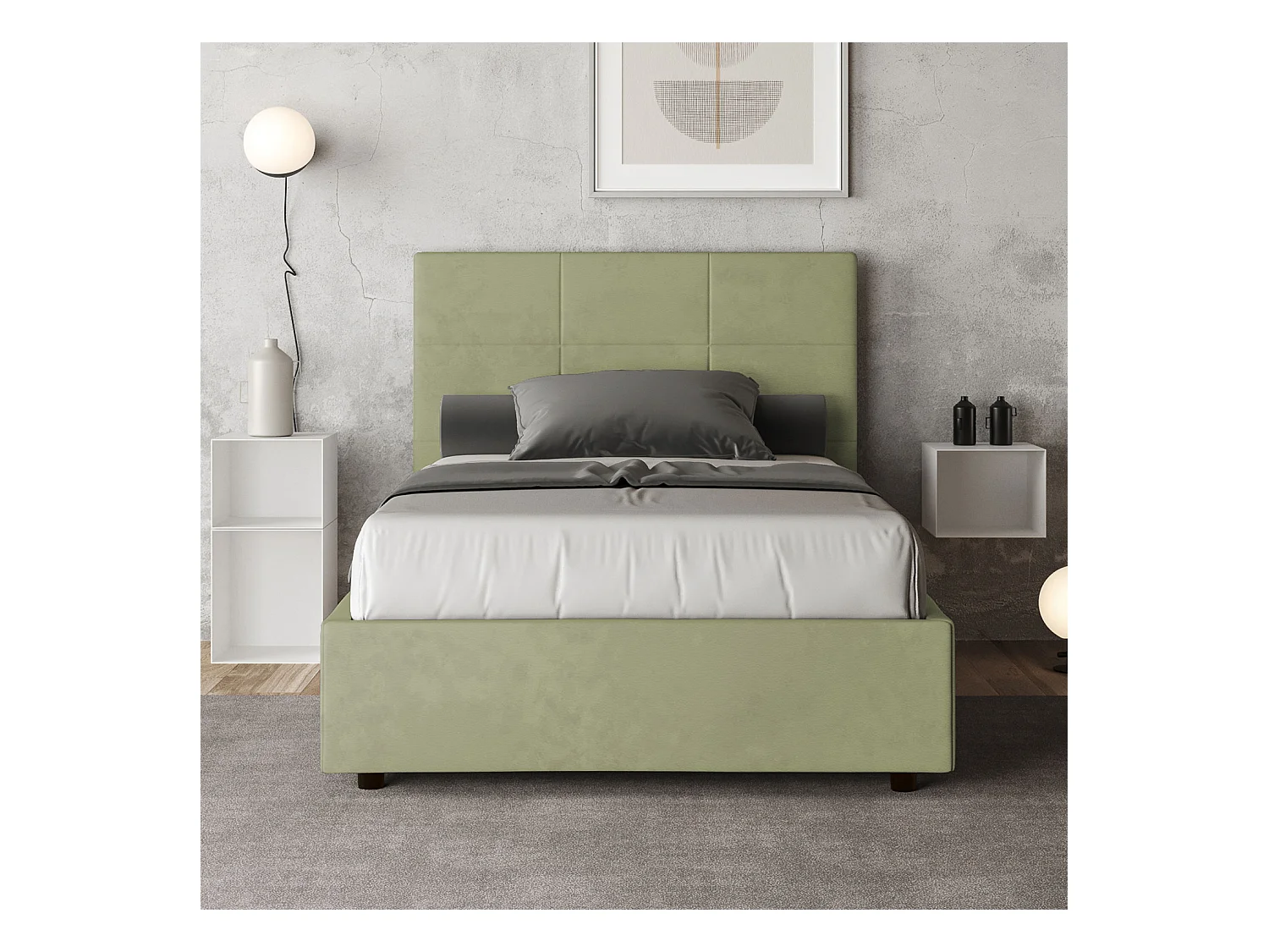 Lit 1 place et demi avec sommier rembourré 120x190 microfibre vert Mika