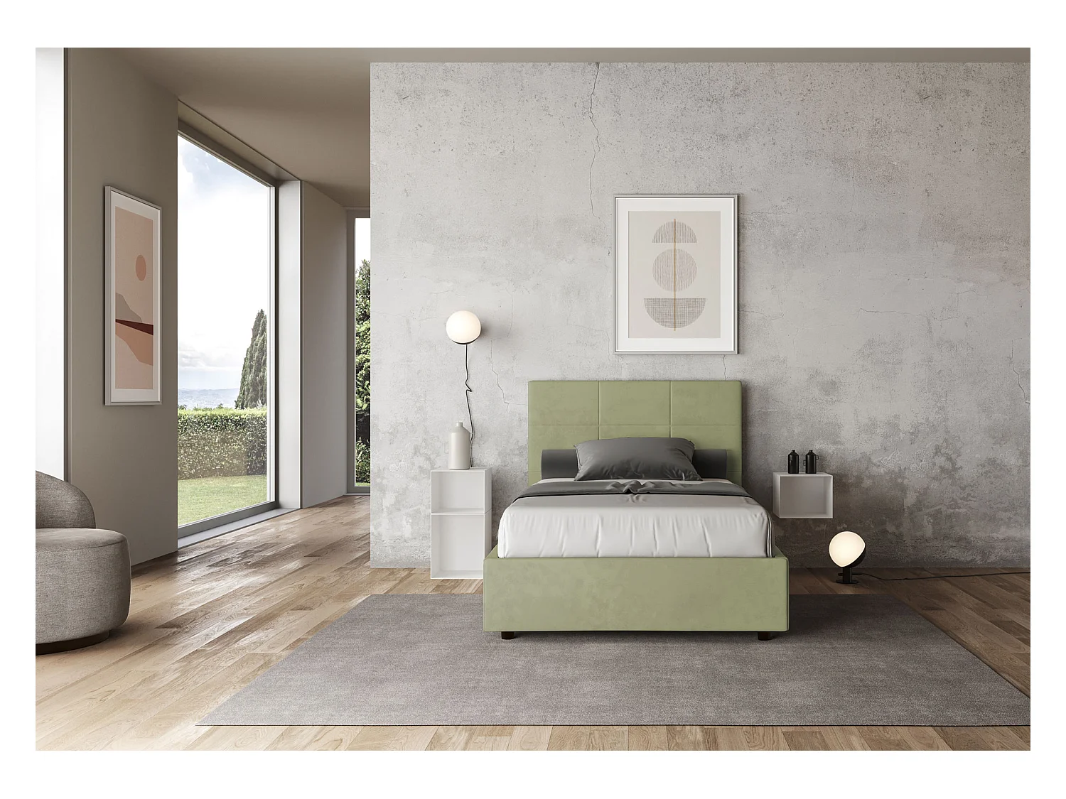 Lit 1 place et demi avec sommier rembourré 120x190 microfibre vert Mika