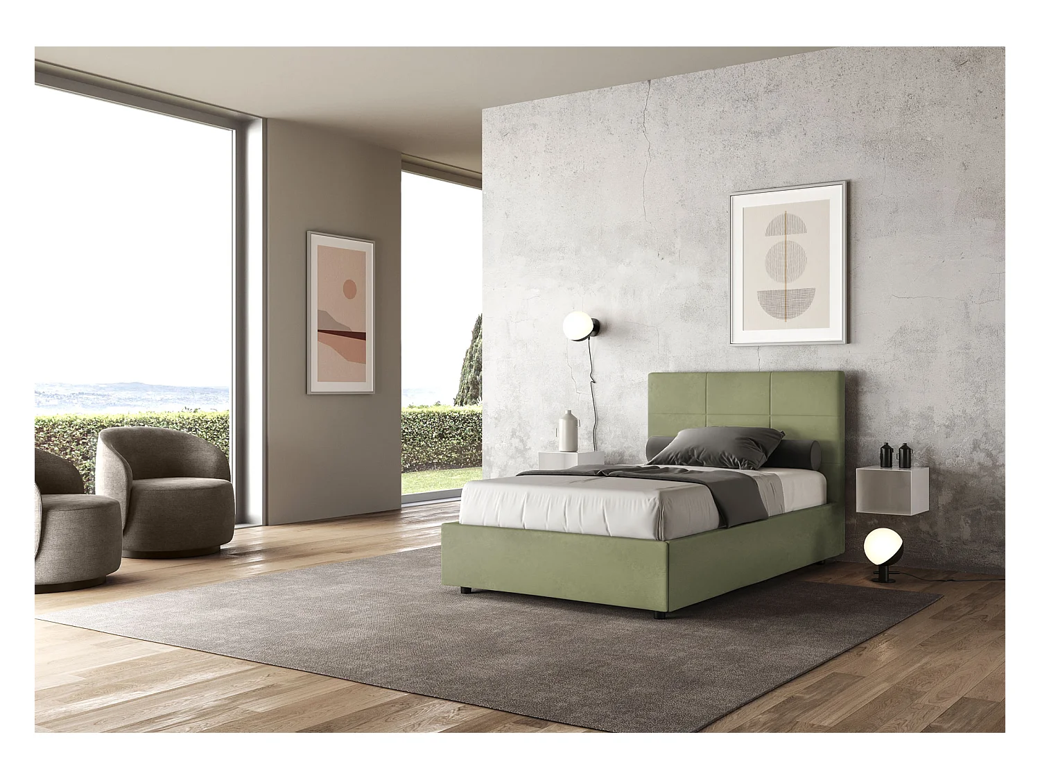Lit 1 place et demi avec sommier rembourré 120x190 microfibre vert Mika