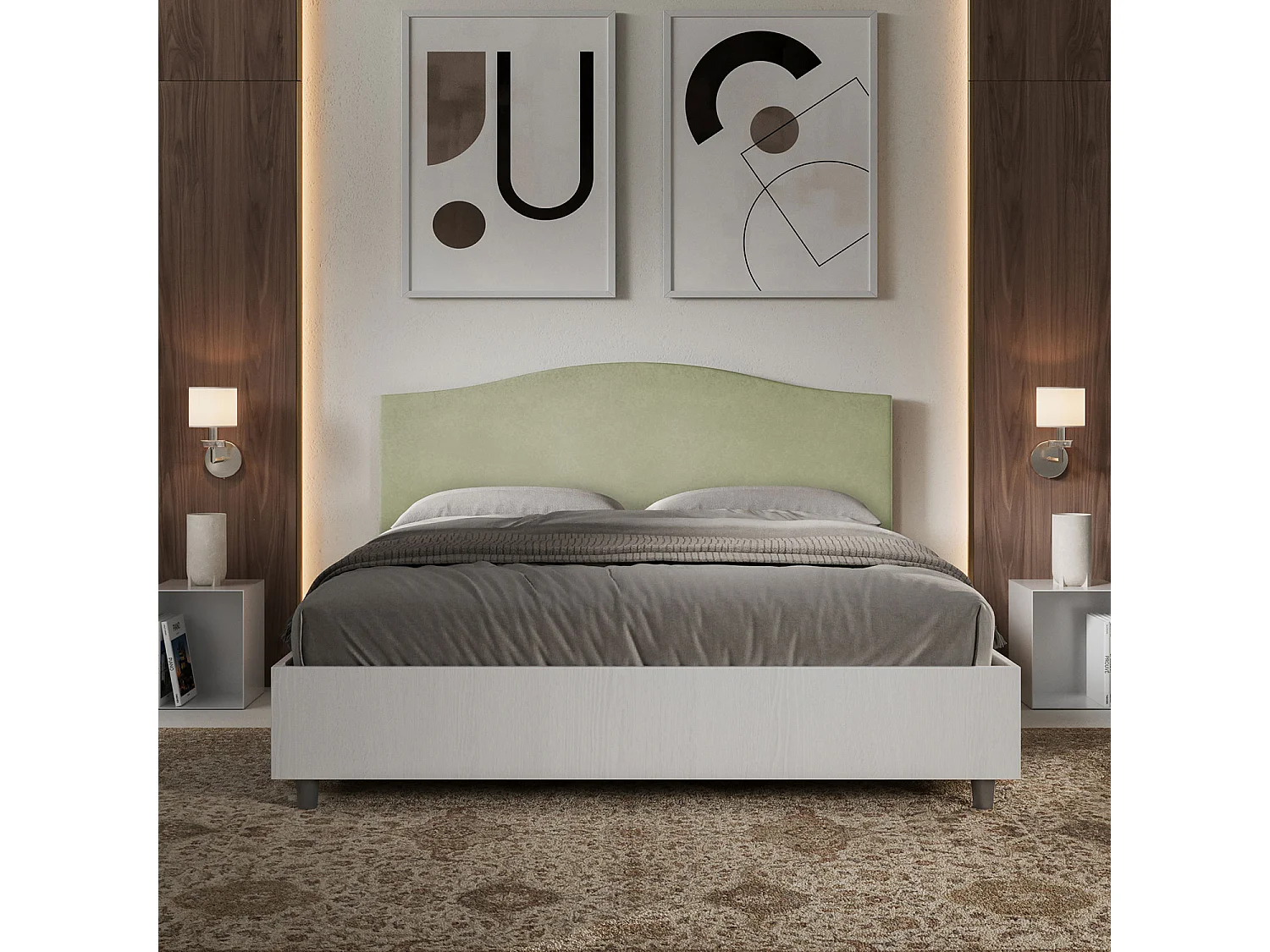 Lit sans sommier 160x190 structure frêne blanc tête de lit microfibre vert Grace