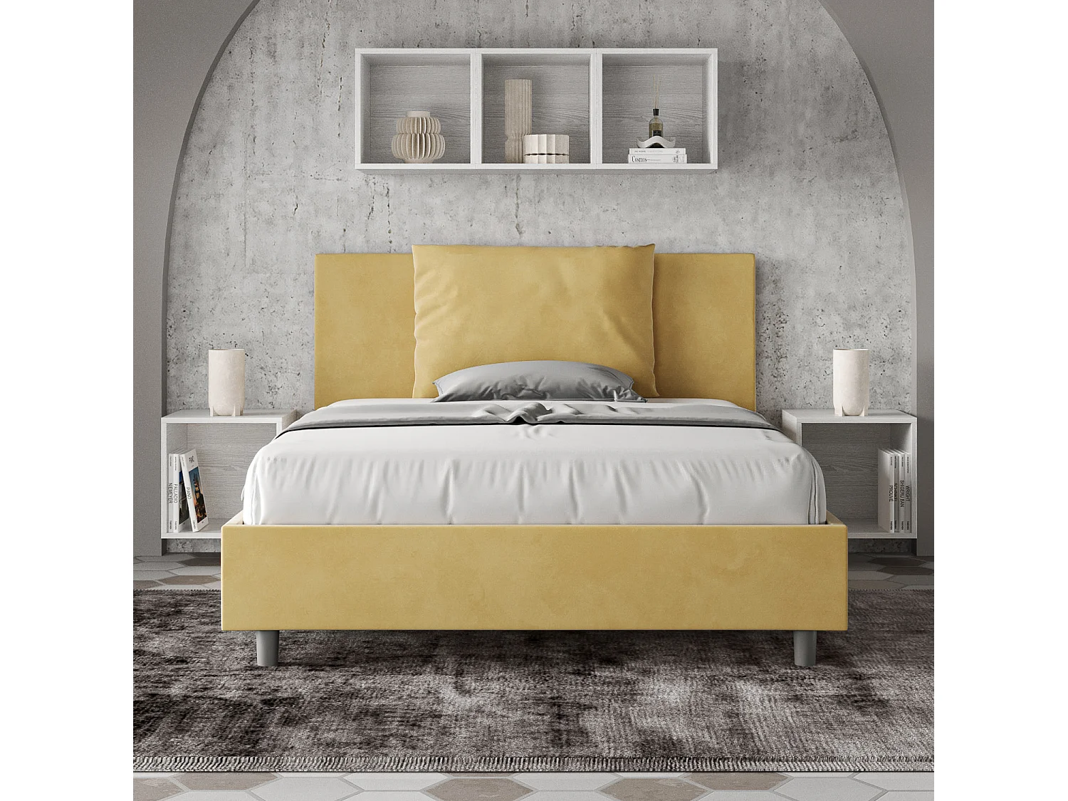 Cama de casal sem estrado estofada 140x190 microfibra ocre Antea