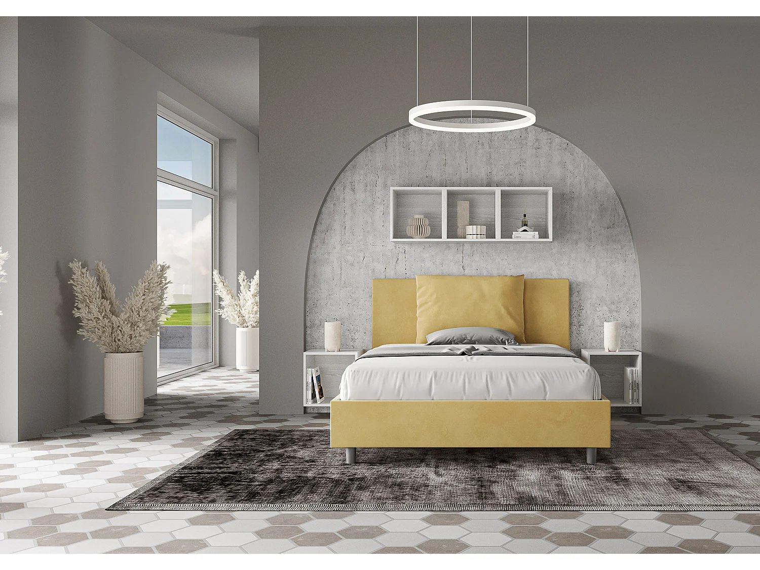 Cama de casal sem estrado estofada 140x190 microfibra ocre Antea