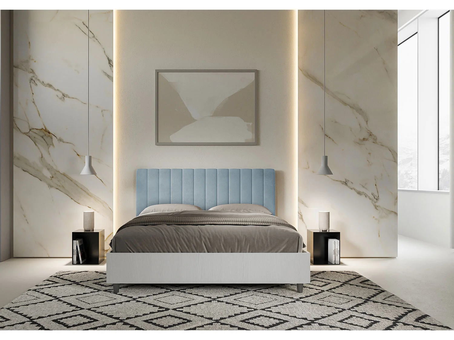 Lit sans sommier 160x190 structure frêne blanc tête de lit microfibre bleu clair Kaia