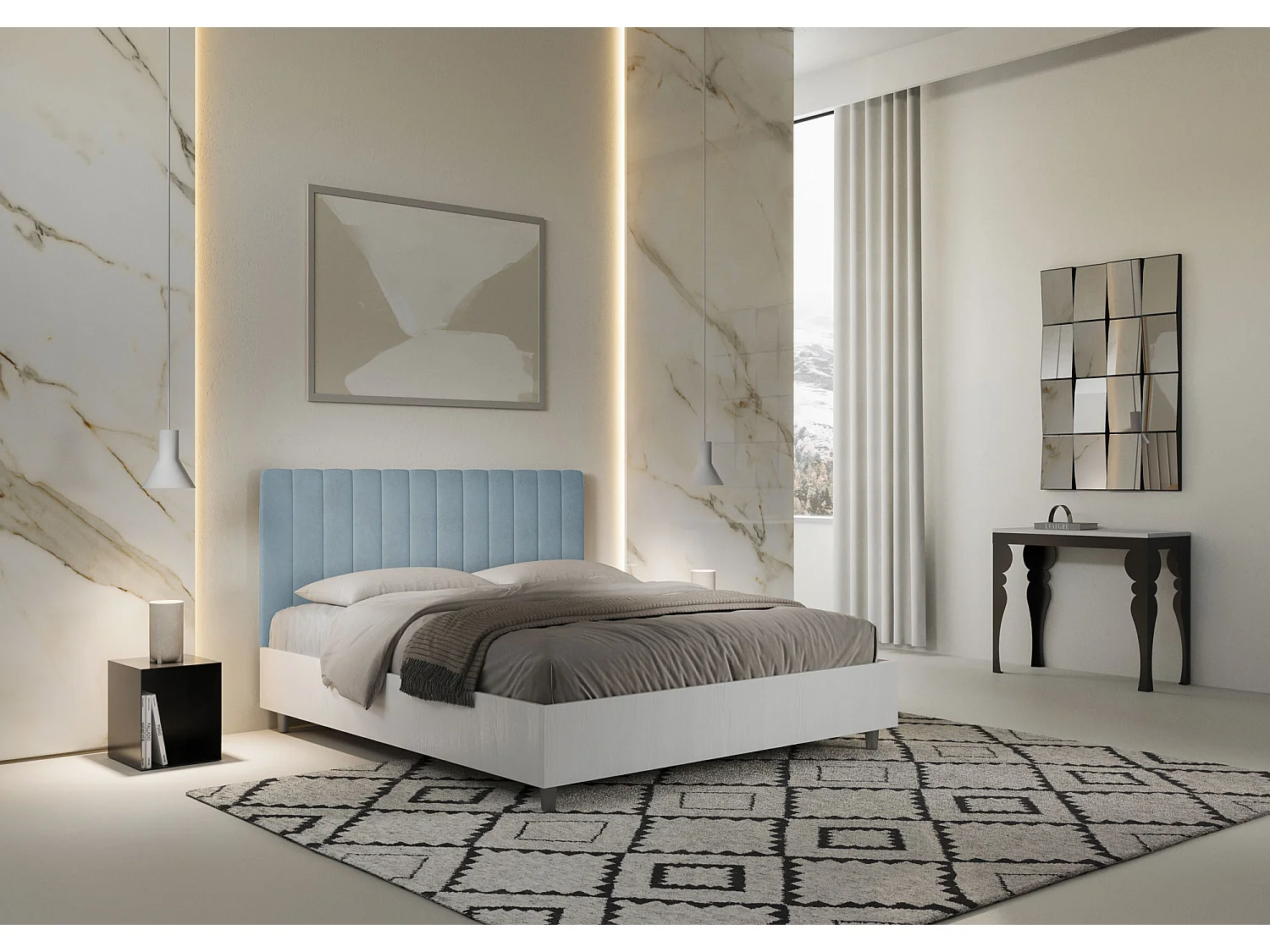 Lit sans sommier 160x190 structure frêne blanc tête de lit microfibre bleu clair Kaia