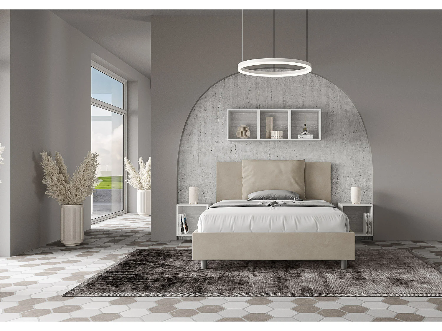 Lit double sans sommier rembourré 140x210 microfibre sable Antea