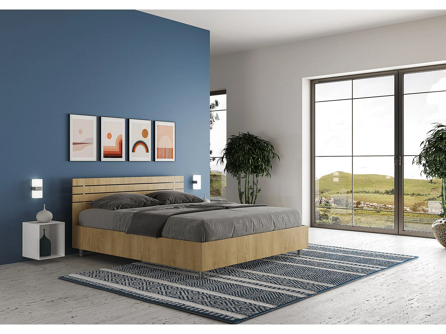 Lit avec sommier 160x200 tête de lit droite avec des lames chêne nature Ankel