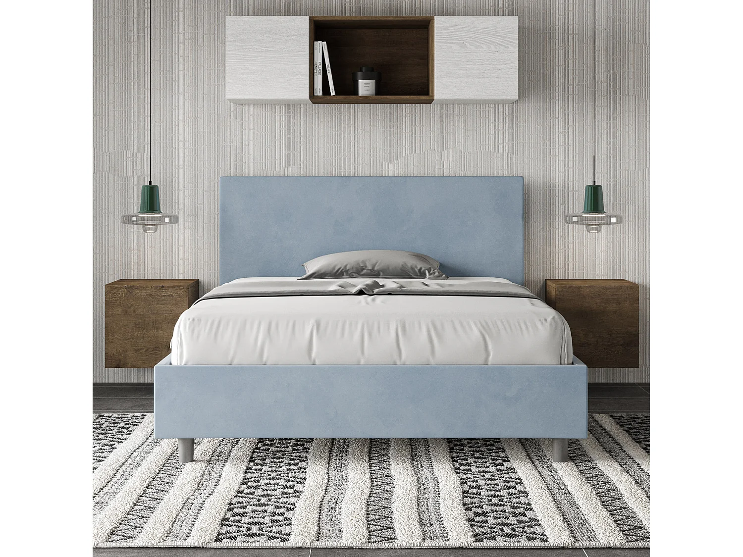 Cama doble con somier acolchada 140x210 microfibra azul claro Adele