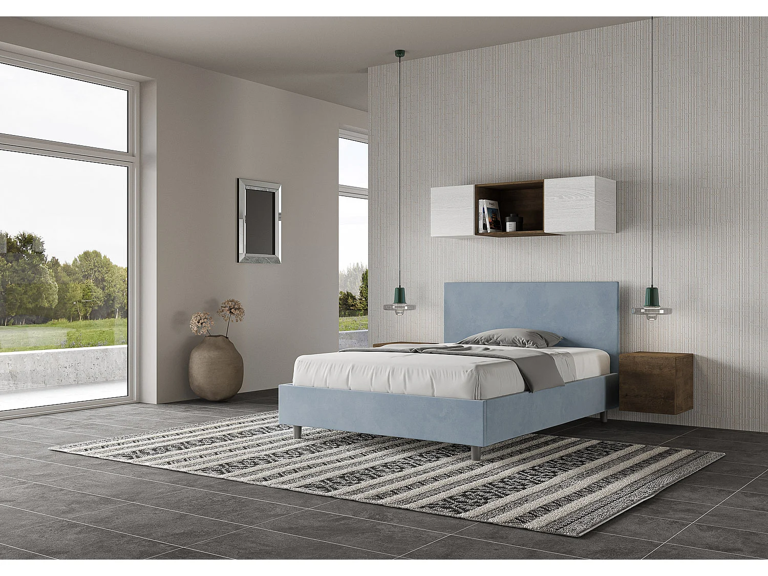 Cama doble con somier acolchada 140x210 microfibra azul claro Adele