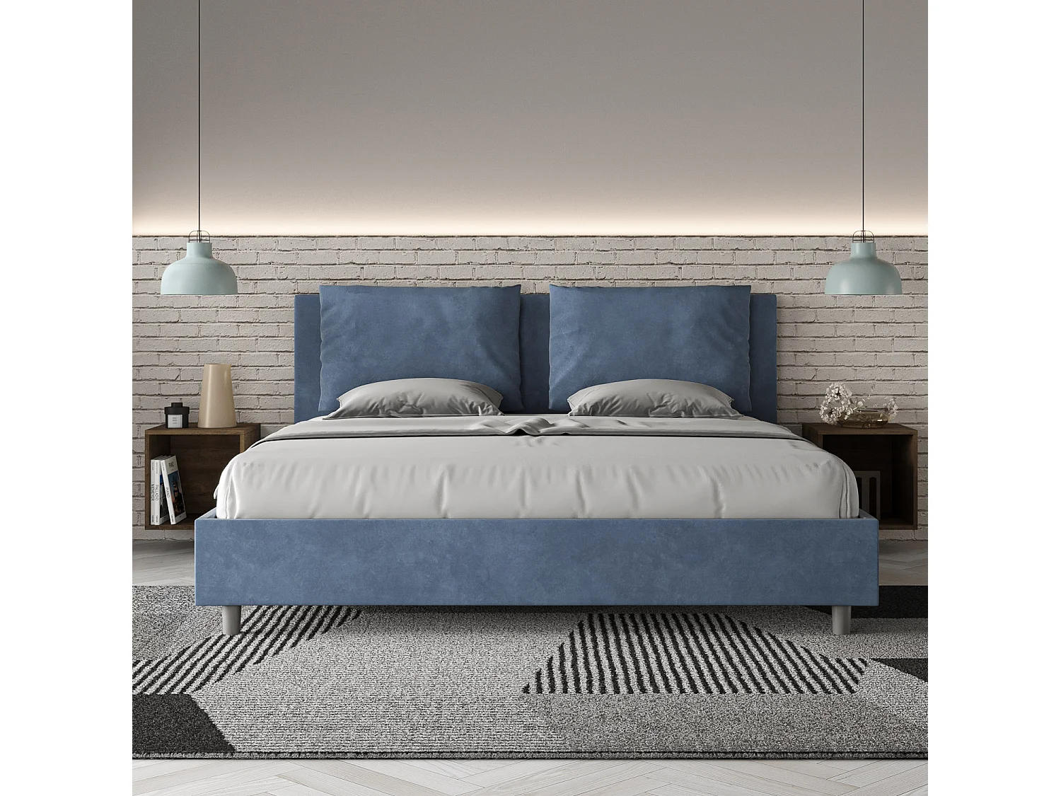 Lit avec sommier rembourré 180x210 microfibre bleu Antea