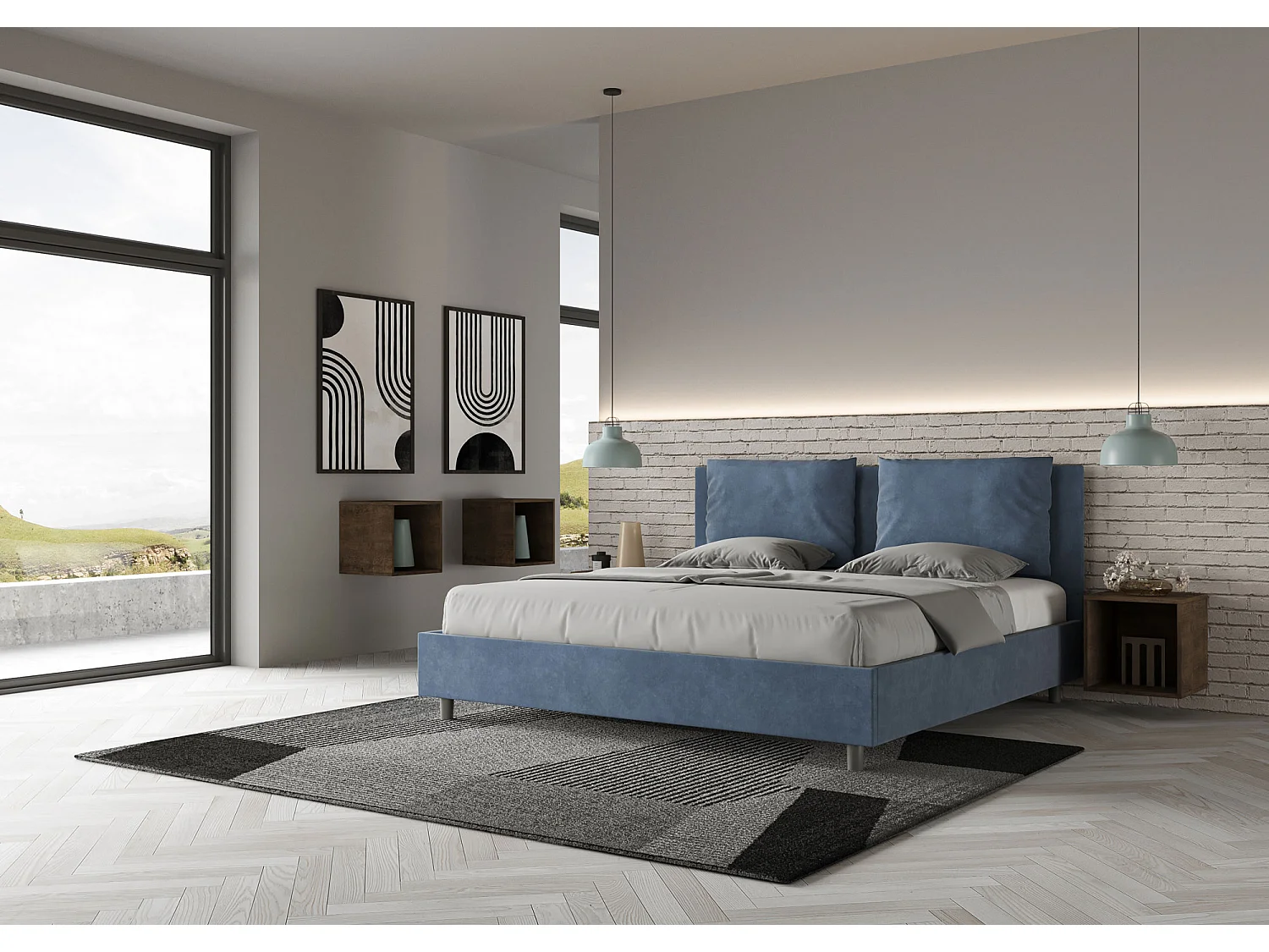 Lit avec sommier rembourré 180x210 microfibre bleu Antea