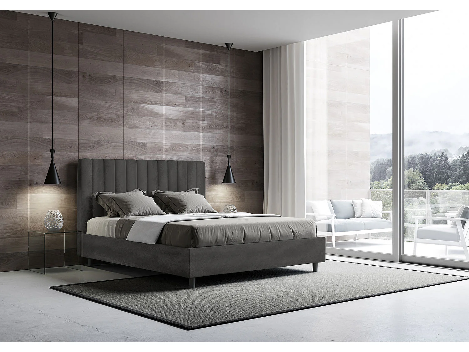 Cama de casal queen size con estrado estofada 160x190 microfibra cinza Agueda