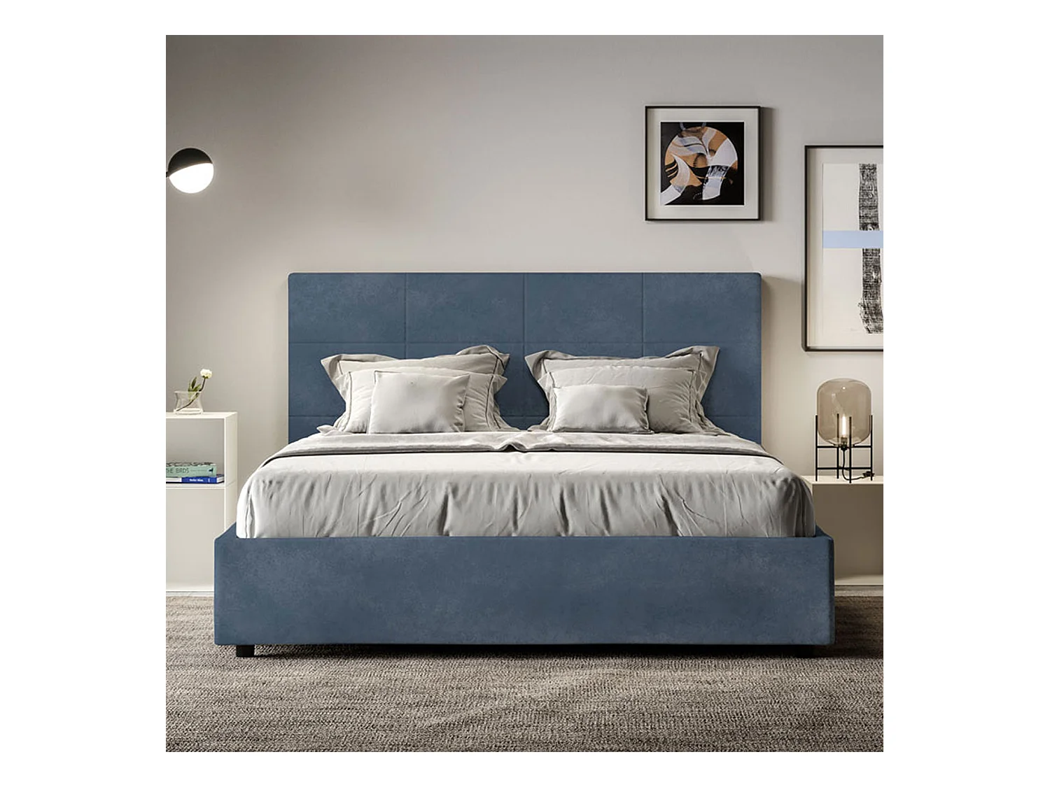 Lit avec sommier rembourré 160x200 microfibre bleu Mika
