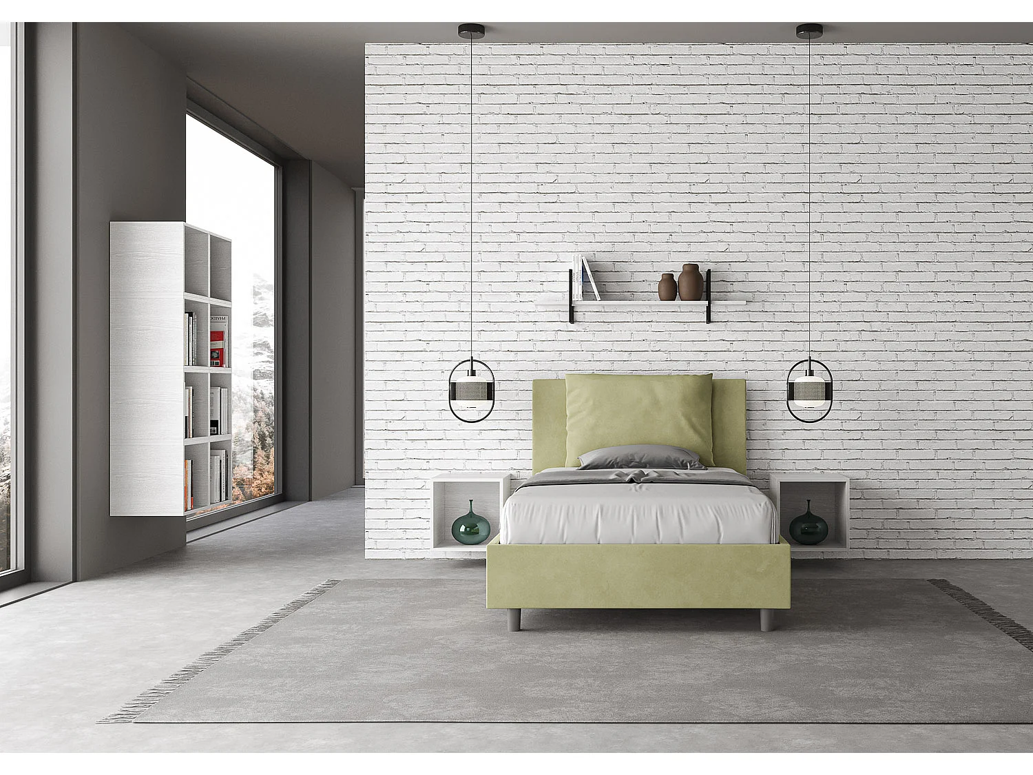 Cama de una plaza y medio con somier acolchada 120x210 microfibra verde Antea