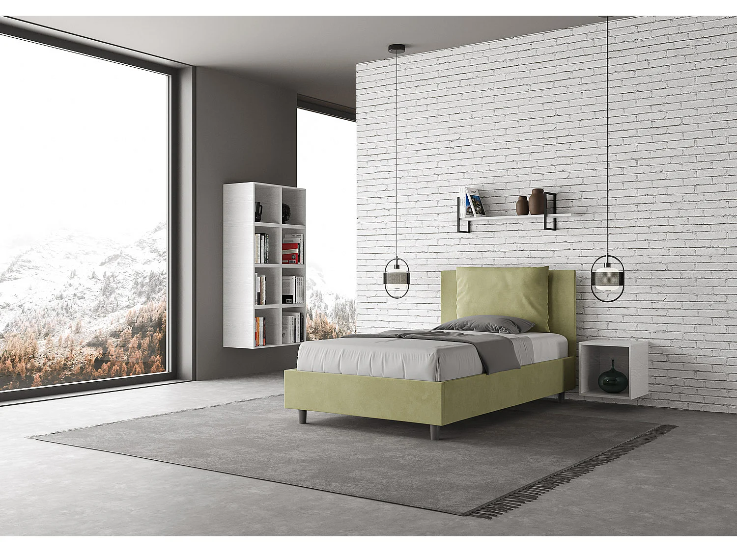 Cama de una plaza y medio con somier acolchada 120x210 microfibra verde Antea