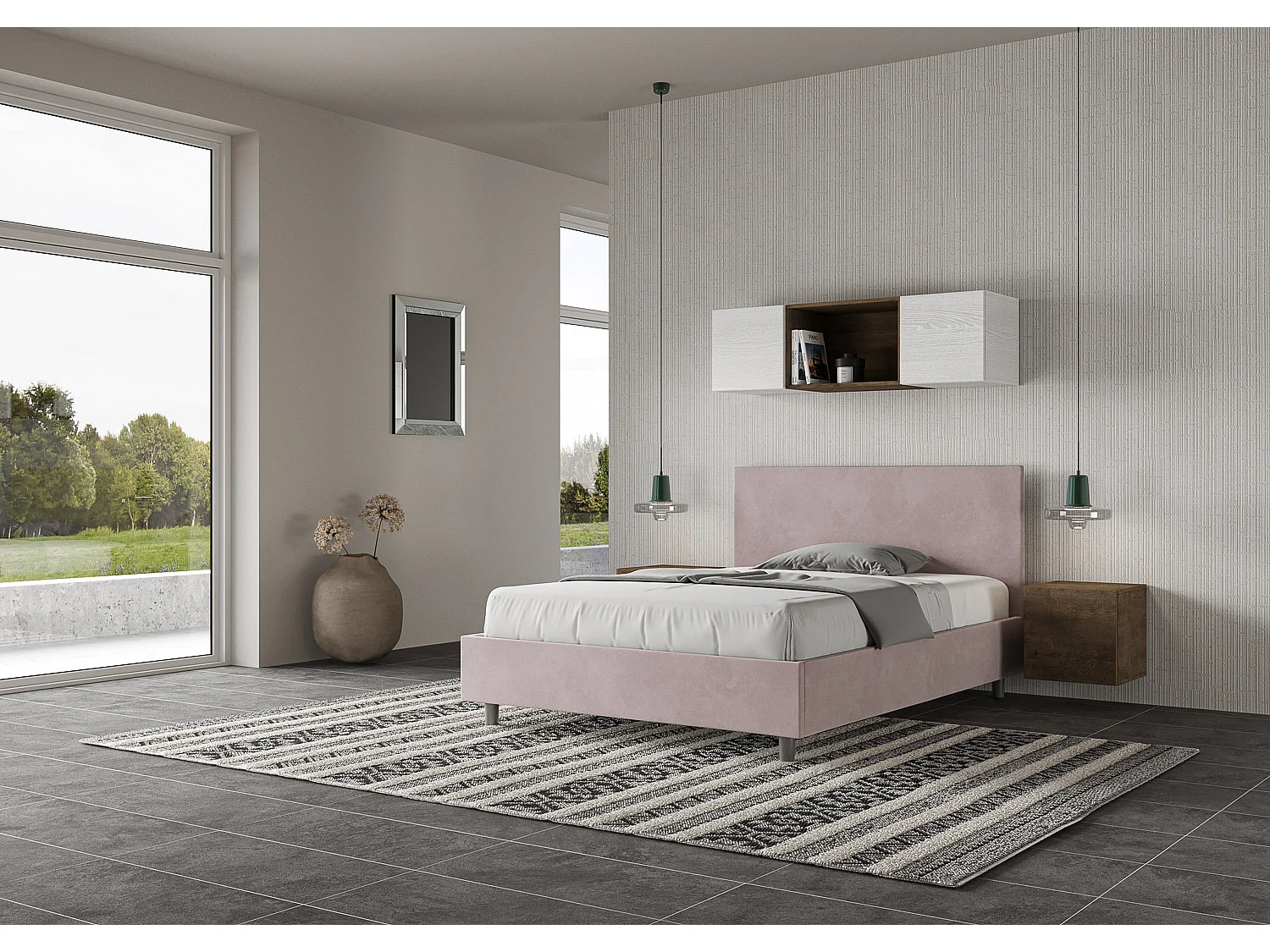 Letto matrimoniale francese con rete imbottito 140x210 microfibra glicine Adele